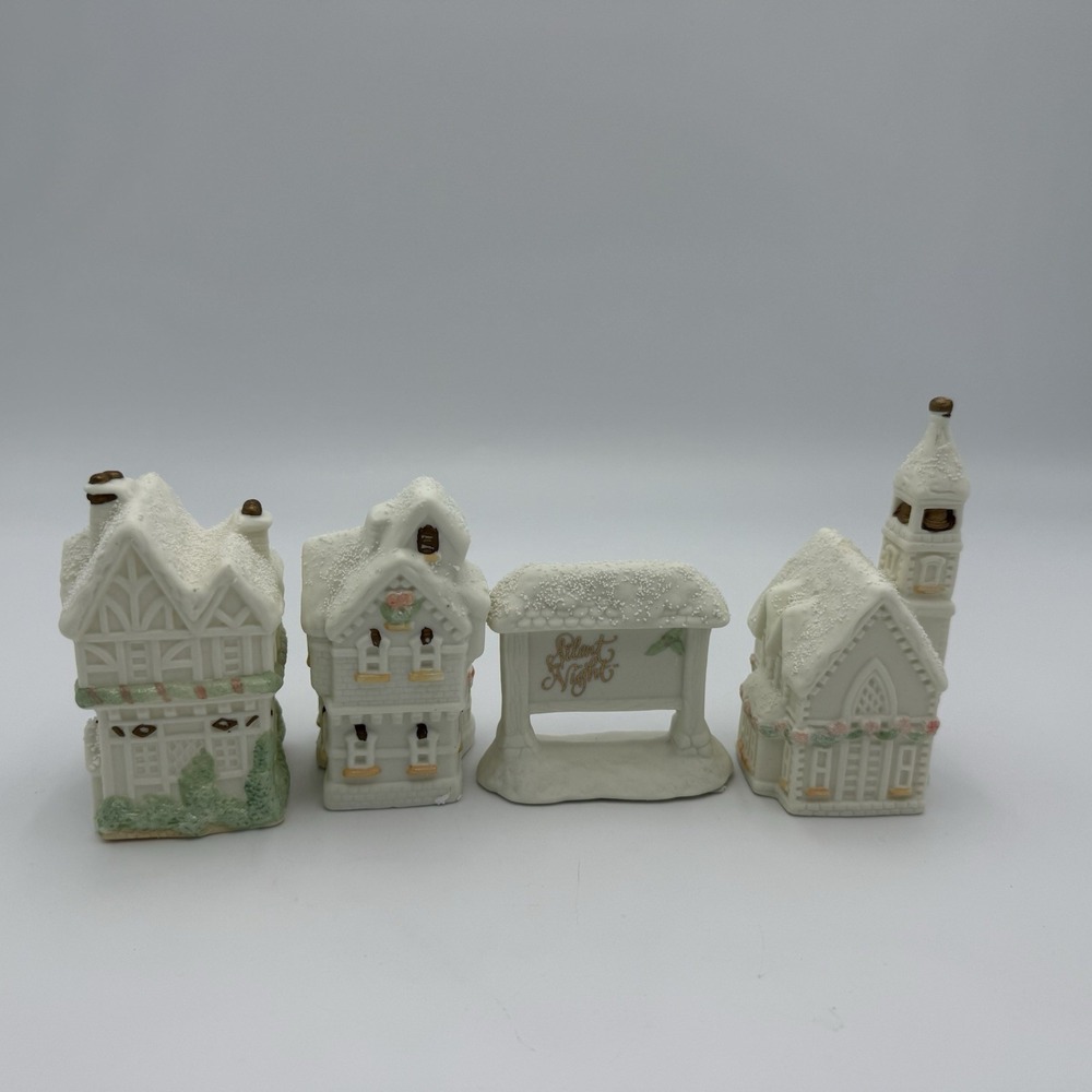 Vtg Carlton Cards Village Houses Figure Holiday Decor Church Cottagecore Cream - Picture 7 of 16